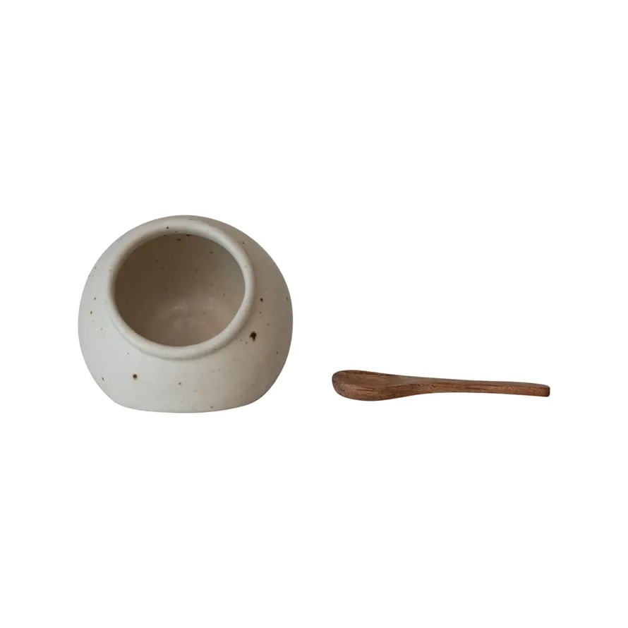 Round Stoneware Salt Cellar With Mango Wood Spoon