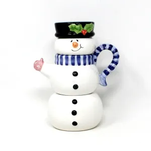 Teapot for One, Stackable Teapot & Cup Snowman with Shakers, Christmas Holiday Ceramic