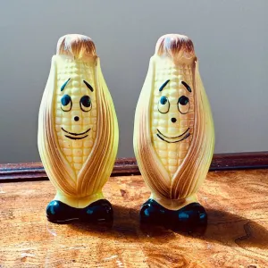 Vintage Ceramic Shakers Corn Cobs with Faces and Black Shoes