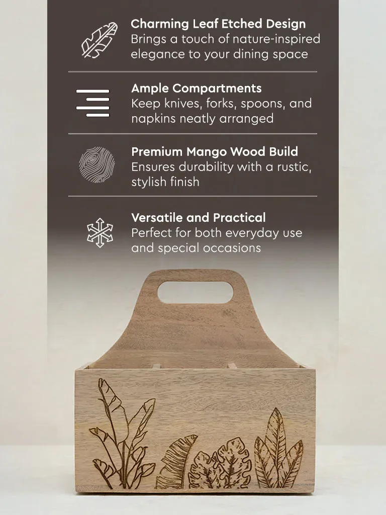 Westside Home Light Brown Leaf Etched Wooden Cutlery Caddy