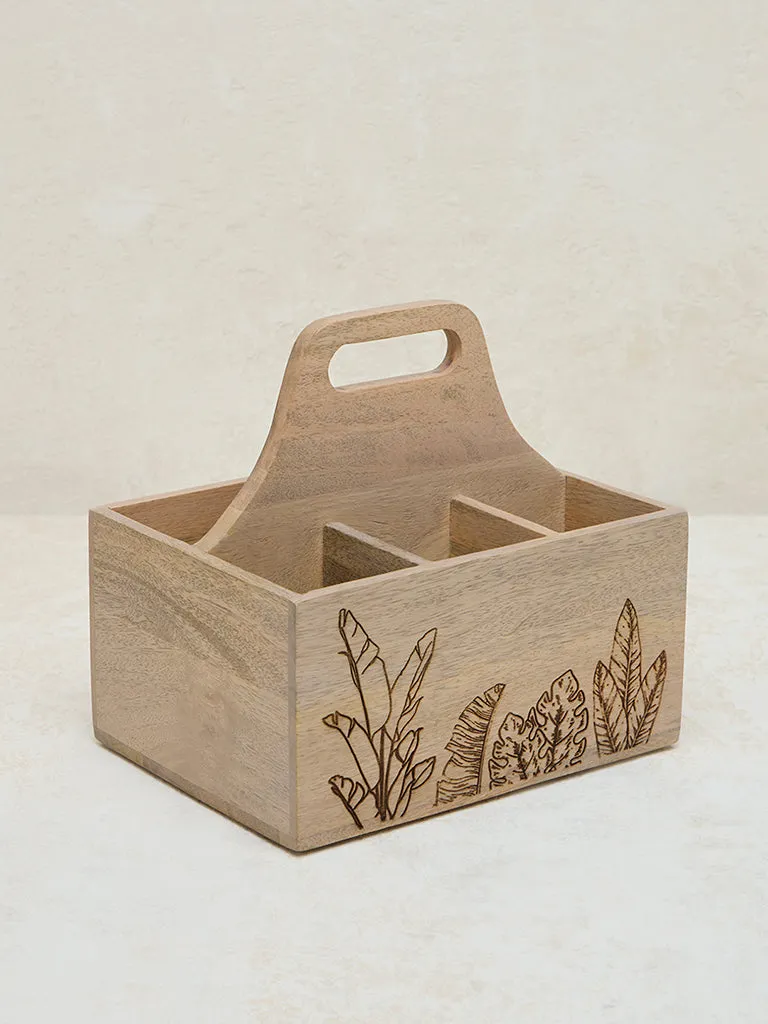 Westside Home Light Brown Leaf Etched Wooden Cutlery Caddy