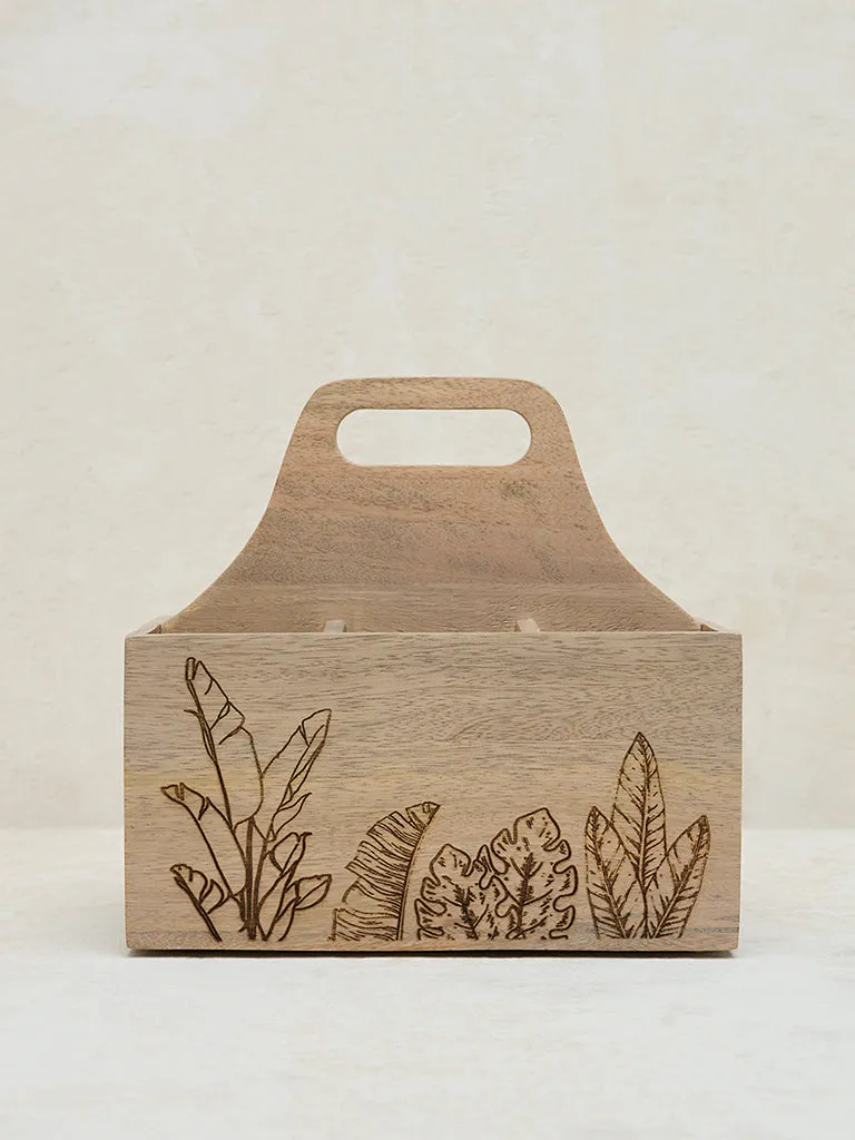 Westside Home Light Brown Leaf Etched Wooden Cutlery Caddy