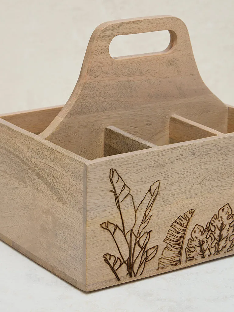 Westside Home Light Brown Leaf Etched Wooden Cutlery Caddy