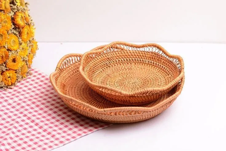 Woven Rattan Basket, Fruit Storage Basket, Woven Round Storage Basket, Storage Baskets for Kitchen