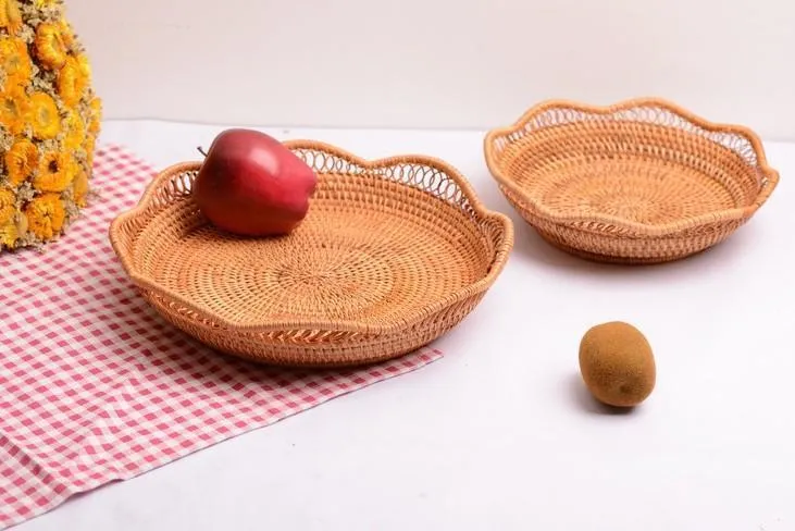 Woven Rattan Basket, Fruit Storage Basket, Woven Round Storage Basket, Storage Baskets for Kitchen