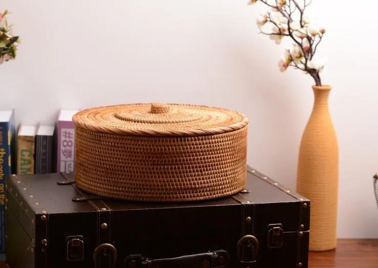 Woven Storage Basket with Lid, Large Rattan Storage Basket, Woven Round Basket for Kitchen