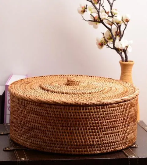 Woven Storage Basket with Lid, Large Rattan Storage Basket, Woven Round Basket for Kitchen
