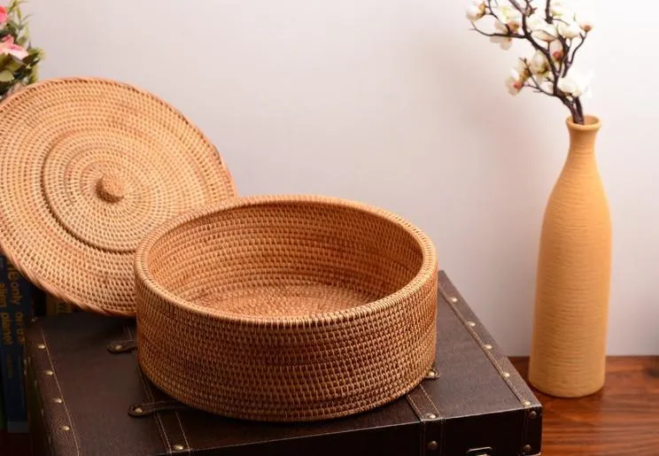 Woven Storage Basket with Lid, Large Rattan Storage Basket, Woven Round Basket for Kitchen