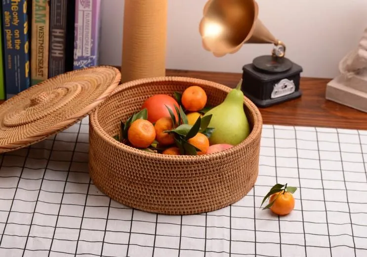 Woven Storage Basket with Lid, Large Rattan Storage Basket, Woven Round Basket for Kitchen