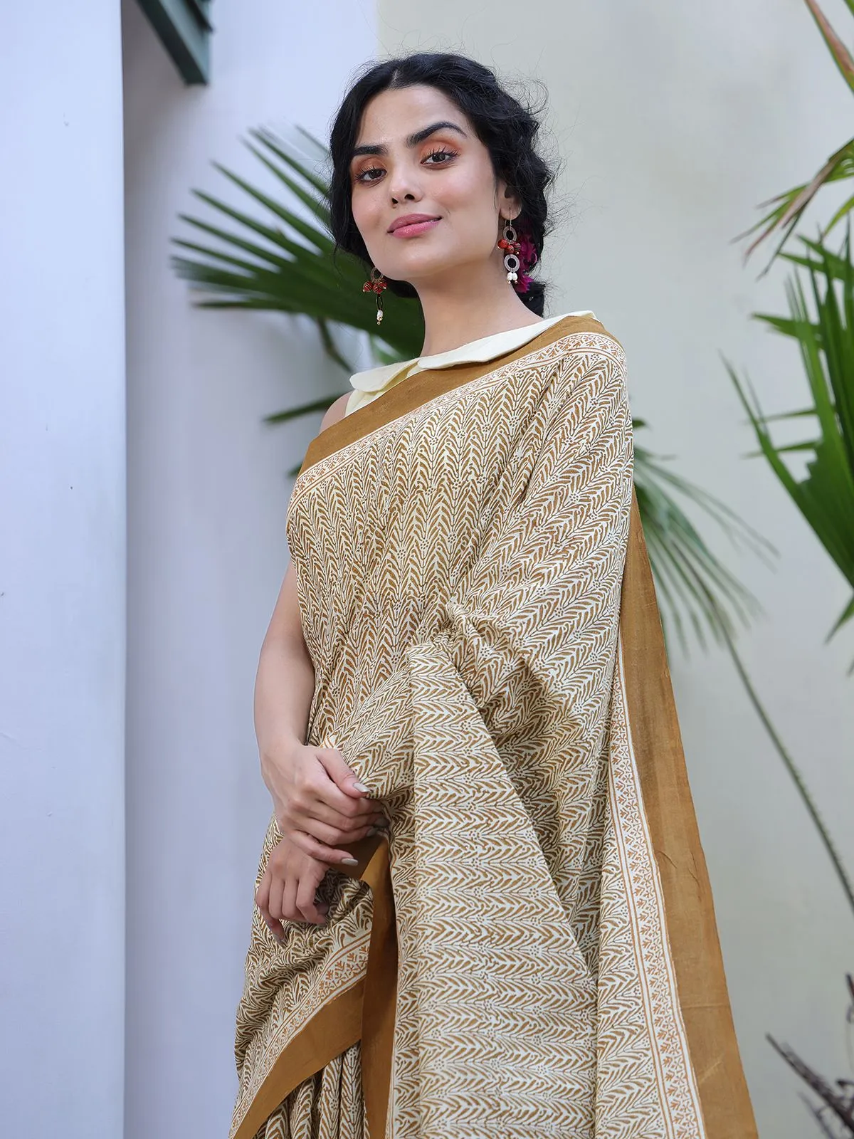 Yellow & Brown Handwoven And Hand Block Printed Cotton Saree