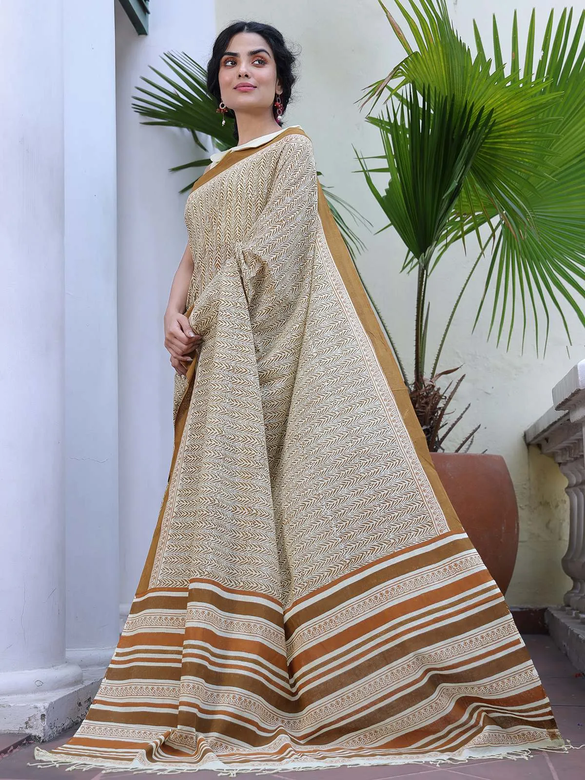 Yellow & Brown Handwoven And Hand Block Printed Cotton Saree